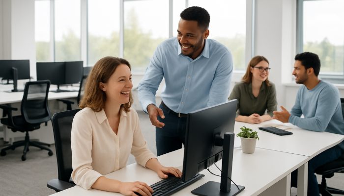 A modern Ilchester office with immaculate desks, ergonomic workstations, and cheerful employees collaborating.