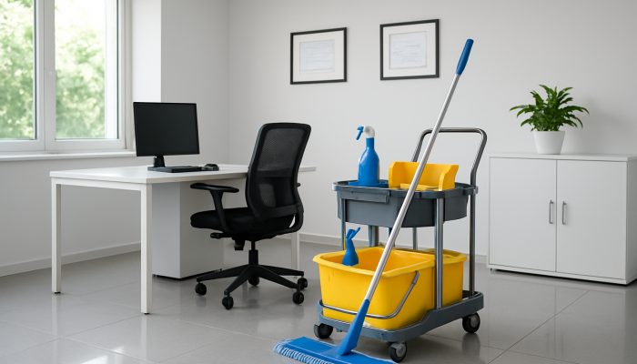 A clean Ilchester office showcasing shining surfaces and framed certificates from the British Institute of Cleaning Science.