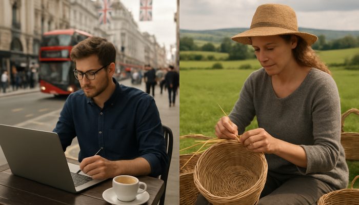 Side Income Ideas To Help Clear Debts: Effective Strategies | DCL Freelancer sketching designs on laptop in London cafe, crafter weaving baskets in UK countryside.