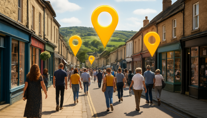 Vibrant Warminster high street featuring local shops, community members, foot traffic, and highlighted map pins under sunny hills.