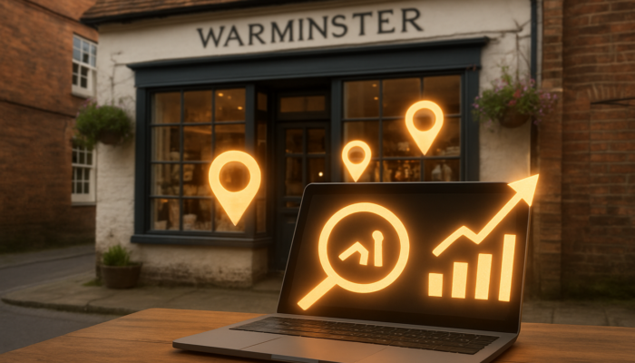 Historic Warminster storefront adorned with SEO icons, location markers, and increasing rankings displayed on a laptop.