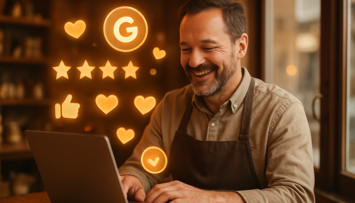 Warminster shop owner beaming at glowing five-star Google reviews on laptop amidst floating icons in warm light.