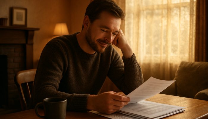 Individual reviewing consolidated debt documents in a comfortable British living room, displaying relief and clarity.