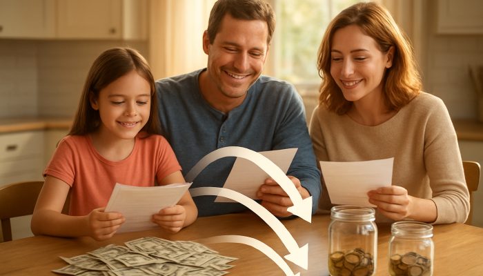 Family consolidating bills into one payment at a sunlit kitchen table with savings jars