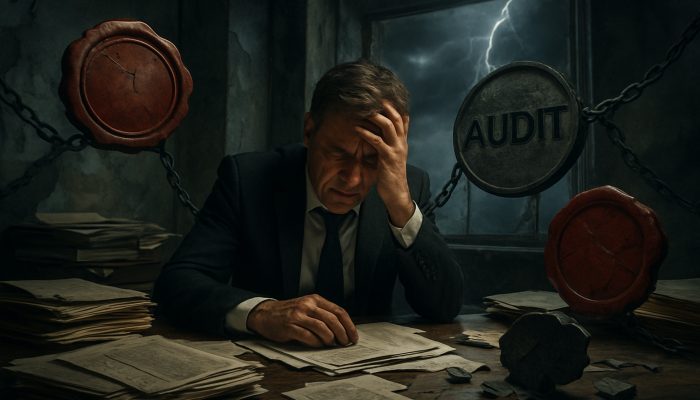 Stressed executive amid HMRC penalties, audits, and a damaged reputation in a crumbling office