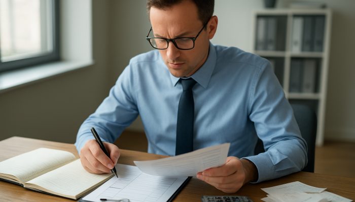 Accountant cross-referencing ledgers with invoices and receipts using a checklist on a wooden desk in a modern office
