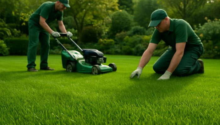 Professional gardeners nurturing a vibrant emerald lawn in Yeovil under gentle UK sunlight