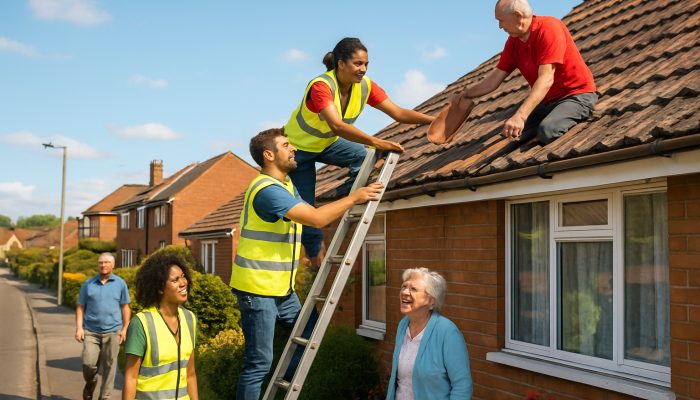 Community Help That Can Free Budget Space: Smart Strategies | DCL Volunteers repairing elderly neighbour's roof on sunny UK street, building community bonds and support.