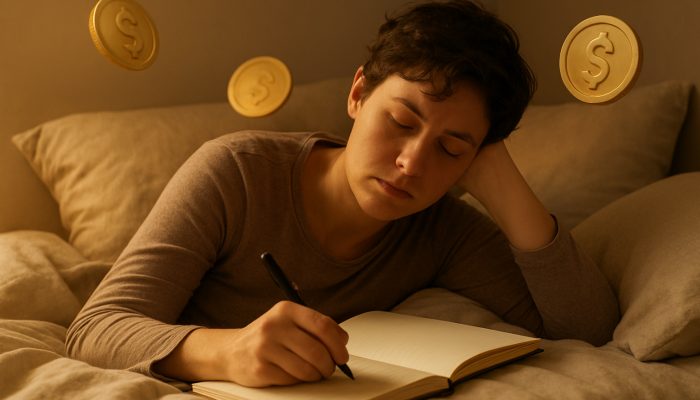 Creating Compassionate Repayment Strategies While Unwell: Guidance | DCL Exhausted individual resting in bed, crafting a gentle debt repayment strategy in a journal with warm golden light