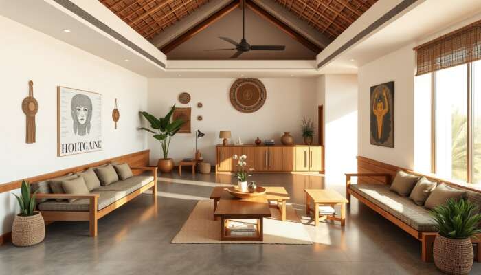 Chic boutique hotel lobby featuring minimalist design, sustainable wooden furniture, indigenous crafts, and local artwork bathed in natural light.
