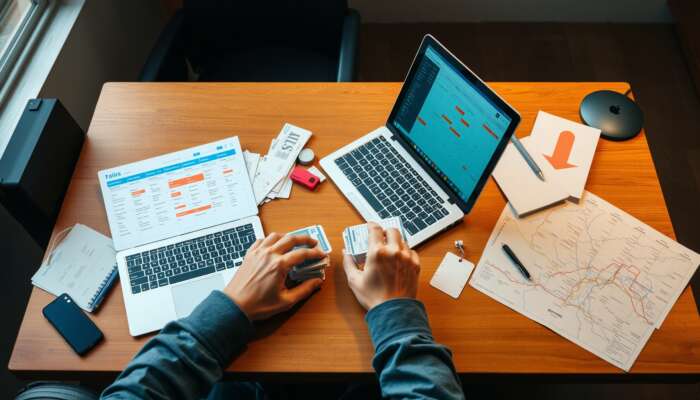 A traveller at a desk planning a bus journey with a laptop, calendar, tickets, and a route map.