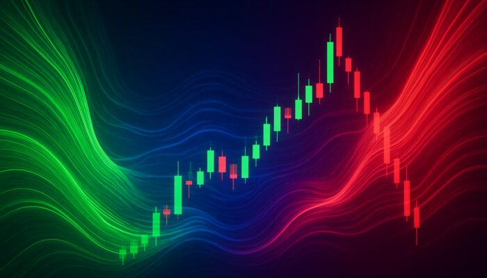 Vibrant trading screen with green and red liquidity streams on candlestick charts for the Chaikin Money Flow indicator