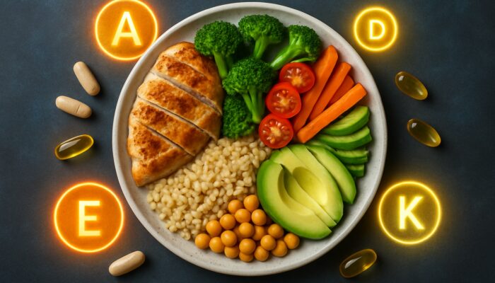 Balanced plate featuring protein, carbohydrate, fat sections alongside supplement capsules and vitamin icons