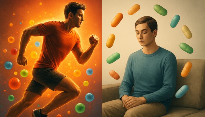 Split illustration of an energetic athlete with antioxidant multivitamins beside a calm sedentary figure with nutrient capsules.