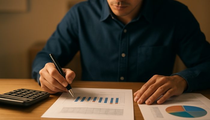 Individual reviewing income statements for debt consolidation affordability assessment with calculator and charts