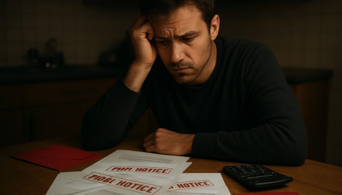 Worried individual at dimly lit table with overdue gas, electricity, and water bills marked final notice