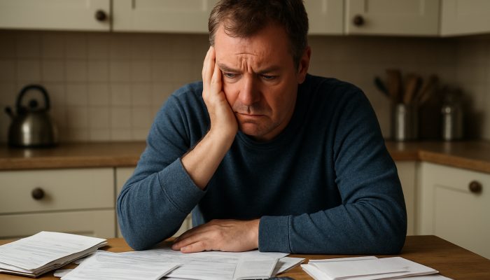 Anxious UK resident at cluttered table with council tax bills and support letters