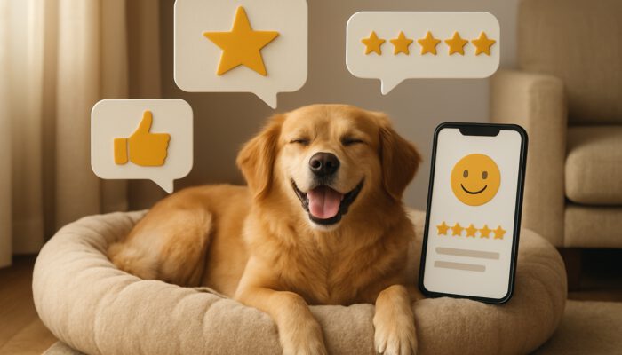 Content dog lounging on a plush pet bed surrounded by floating reviews, star ratings, and smartphone feedback.