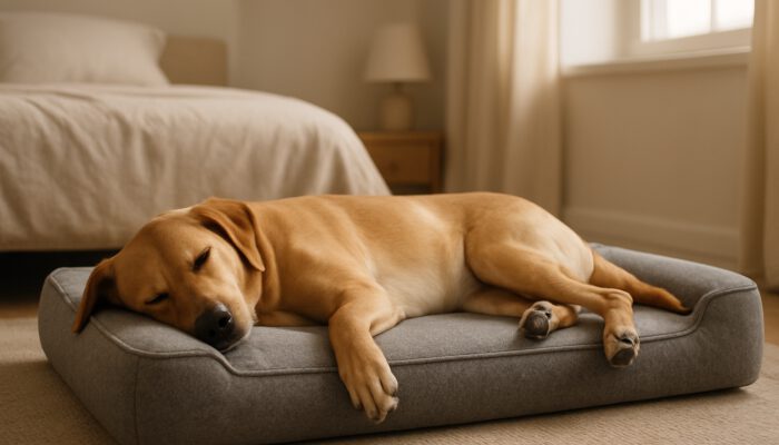Content dog resting on a supportive high-density foam pet bed in a cosy bedroom.