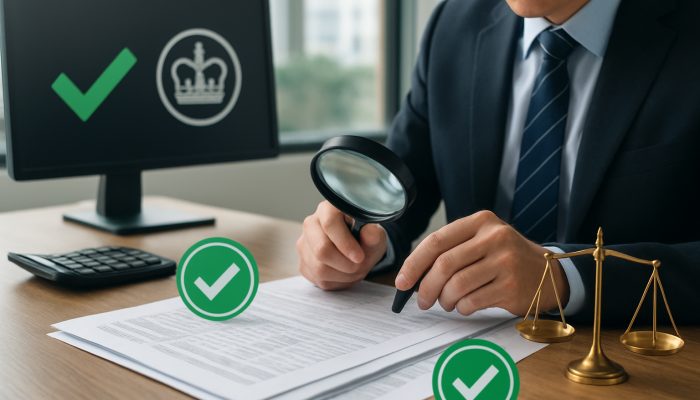 Payroll expert examining tax documentation with a magnifying glass, HMRC seals, and compliance checkmarks in the office