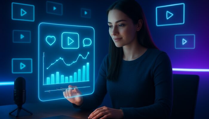 Content creator evaluating a holographic analytics dashboard with watch-time graphs and floating video thumbnails in a neon studio