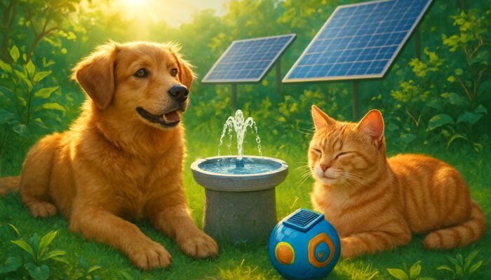 Dog and cat lounging with solar-powered pet gadgets in a sunny eco-friendly garden featuring solar panels.