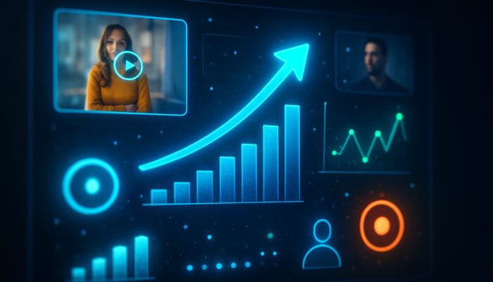 Digital dashboard displaying vibrant live video ads alongside real-time global engagement metrics.