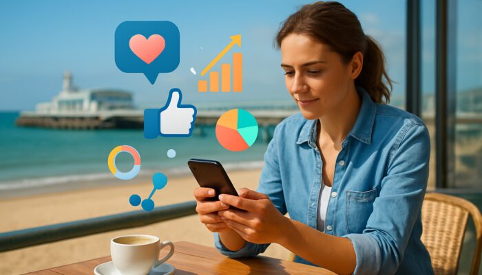 Small business owner developing a social media strategy on a smartphone in a Bournemouth beach café with charts and a sea view