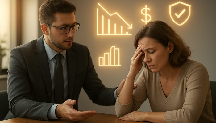 Financial advisor consulting with a client on debt consolidation in a modern office