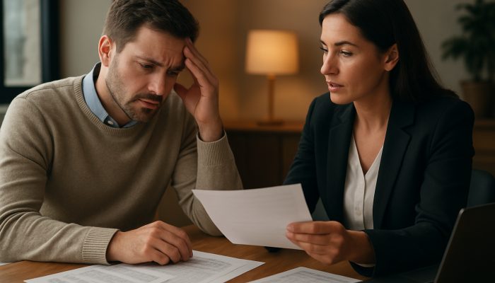 Individual consulting with a lender about debt consolidation options while reviewing documents in a sleek office