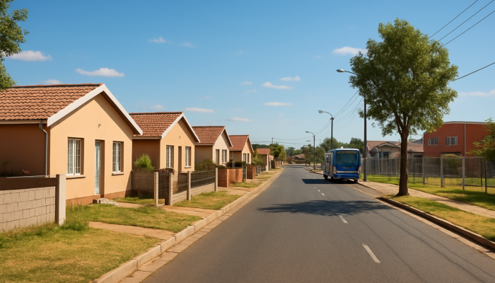 Vibrant suburban street in Springs, South Africa, showcasing affordable homes conveniently located near schools and shopping areas.