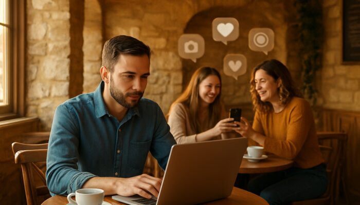 Café owner in Cirencester analysing Instagram posts on a laptop surrounded by satisfied customers in warm lighting