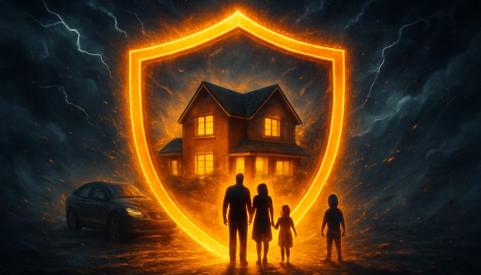 Reviewing Cover Such as Insurance or Schemes: Essential Tips | DCL Protective shield symbolising insurance for a British family home, car, and loved ones against storms.