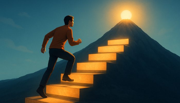 Individual climbing stepping stones labelled emergency fund and holiday savings towards the summit of financial independence.
