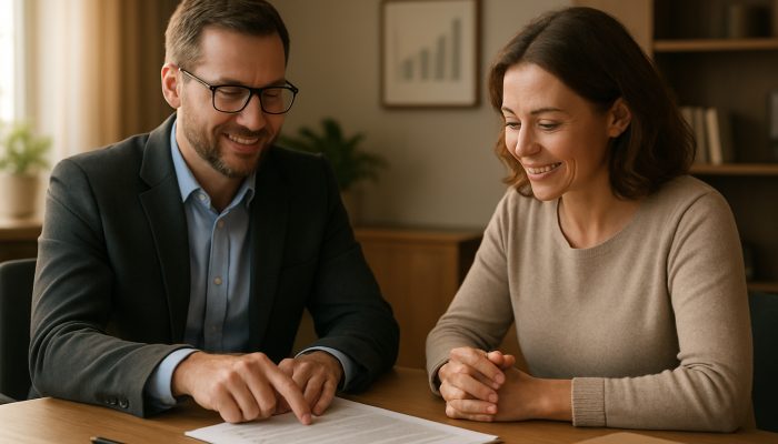 UK debt advisor assisting borrower with consolidation documents in a calm office setting with charts