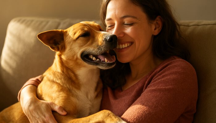 Rescue dog affectionately nuzzling a smiling owner on a sunlit couch, embodying the love and healing bond of adoption