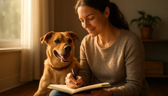 Individual journaling alongside a loving rescue dog in a sunlit home, radiating joy and tranquillity.