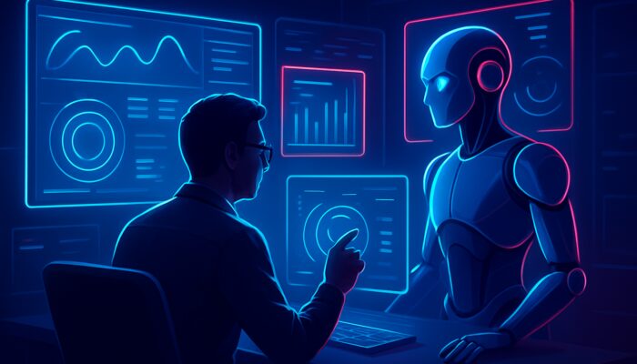 Data analyst reviews holographic bot response metrics beside sleek robot in neon control room