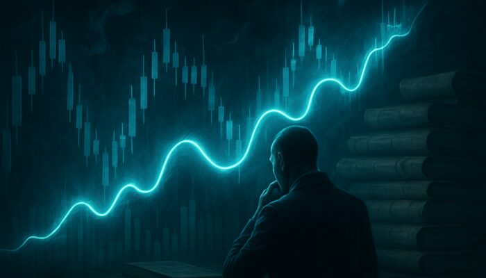 Trader examining glowing Qstick lines on stormy candlestick charts with historical data scrolls