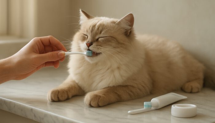 Serene fluffy cat having teeth brushed on marble sink with dental kit nearby