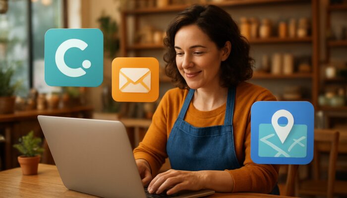 Kingswood small business owner designs graphics on laptop with Canva, Mailchimp, and Google My Business icons in cozy shop