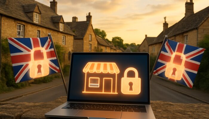 Charming Royal Wootton Bassett village with a glowing laptop highlighting secure UK e-commerce hosting