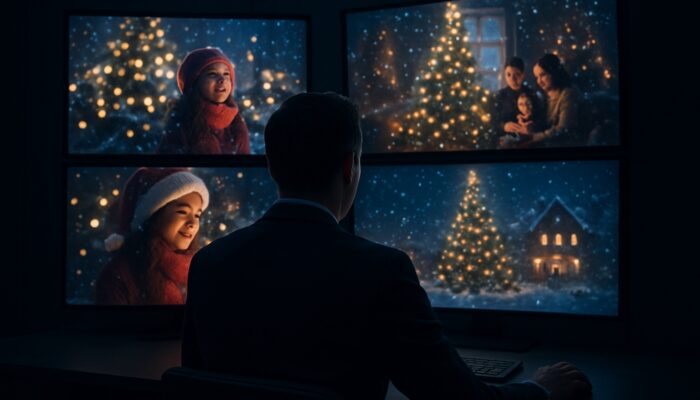 Strategist analysing competitors' holiday video campaigns and performance metrics on glowing screens in a dark room.