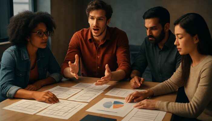 Diverse creative team planning brand video with storyboards and budget charts in cinematic light