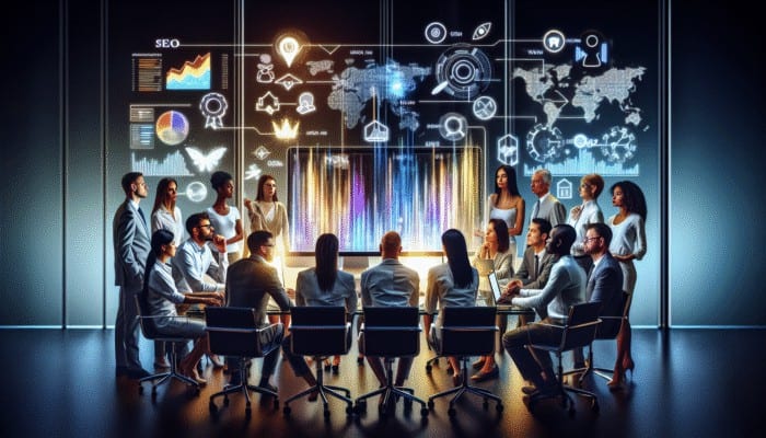 Professionals analysing SEO analytics in a contemporary workspace.