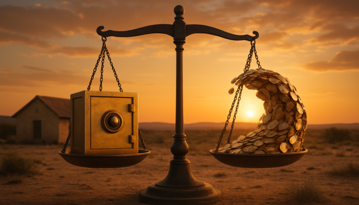 Rustic Beaufort West home: representation of fixed rates stability contrasted with variable rates and a balancing scale at sunset.