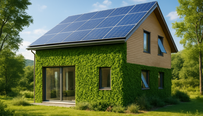 Modern eco-friendly home featuring solar panels, green walls, and smart windows set in a tranquil environment.