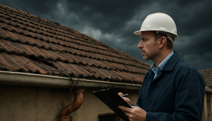 Qualified inspector assesses cracked roof and exposed wiring on an older South African home in Springs beneath a stormy sky.