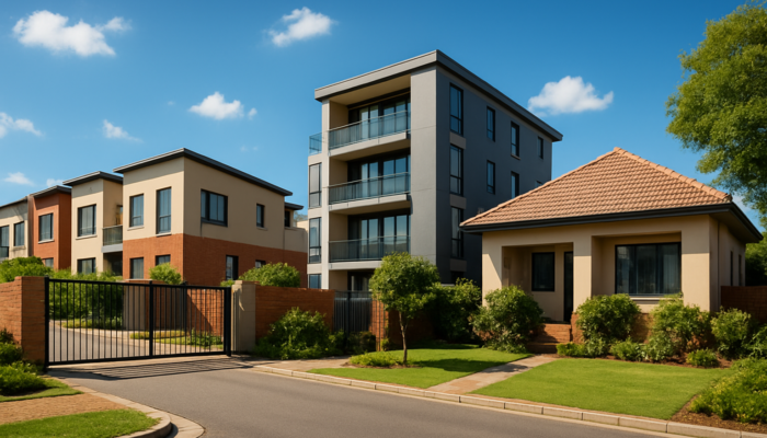 Vibrant South African neighbourhood showcasing modern townhouses, urban flats, and duplexes beneath a clear blue sky.