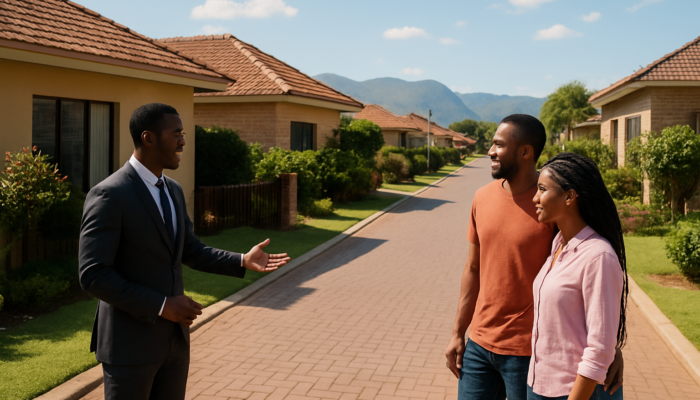 Couple exploring modern homes on a lively Thohoyandou street with a real estate agent under bright sunshine.
